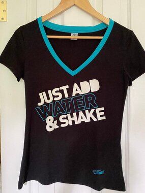 🌊 Rare Aqua Zumba "Just Add Water & Shake" V-Neck Tee - Black/Teal - M